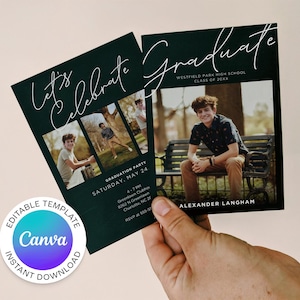 May include: Editable graduation party invitation template with a green background and white text. The text says "Let's Celebrate" and "Graduate". The template includes a photo of a young man in a black shirt and khaki pants sitting on a bench. The text also includes the graduate's name, the school name, the class year, and the date and time of the graduation party.