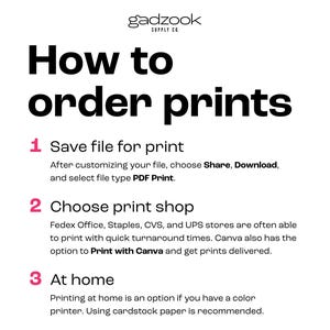 May include: White graphic with the text "How to order prints" in large black letters. Instructions include saving the file as a PDF, choosing a print shop, and printing at home. The brand name "gadzook SUPPLY CO." is at the top.