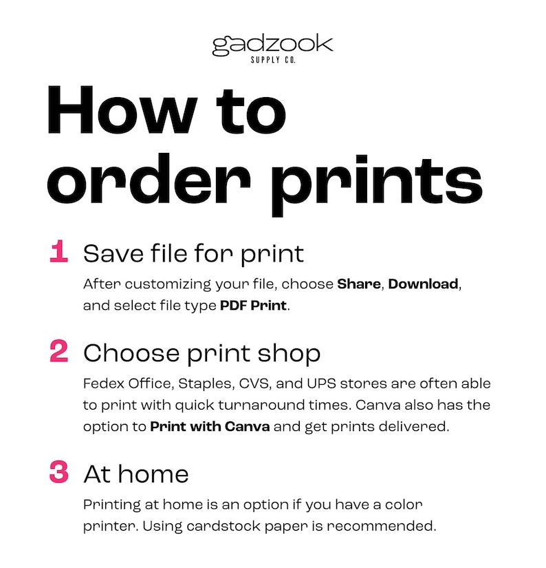 May include: White graphic with the text "How to order prints" in large black letters. Instructions include saving the file as a PDF, choosing a print shop, and printing at home. The brand name "gadzook SUPPLY CO." is at the top.