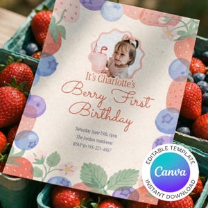 Berry First Birthday invitation template, Strawberry 1st Birthday Invite, Editable Photo Canva Template, Instant Download