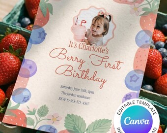 Berry First Birthday Invitation Girl, Strawberry 1st Birthday Invite, Editable Photo Canva Template, Printable Berry Sweet, Instant Download