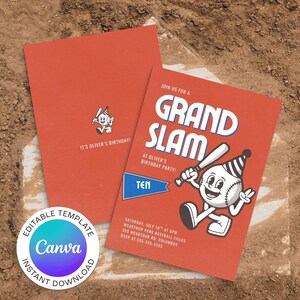 Retro Baseball Birthday Invitation | Grand Slam Party Canva Template (Digital Download)