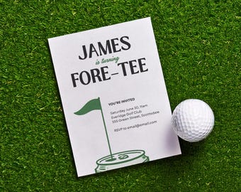 Plantilla de invitación editable en Canva para 40 cumpleaños con temática de golf y cerveza