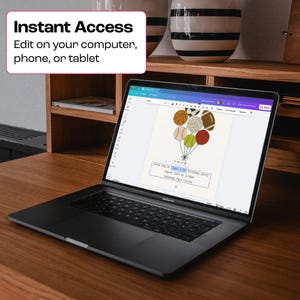 May include: A black laptop displaying a birthday party invitation with sports ball illustrations. The screen shows text that reads "Instant Access, Edit on your computer, phone, or tablet". The laptop is on a wooden desk.
