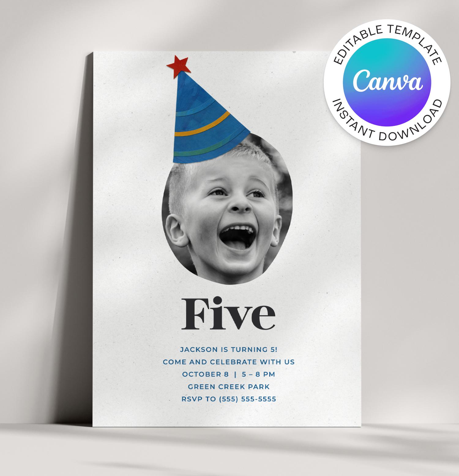 Invitación de cumpleaños con foto y sombrero de fiesta / Plantilla editable de Canva / Ilustración estilo collage de papel / Descarga instantánea / Para todas las edades