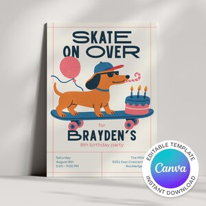 Skateboard Wiener Dog Birthday Invitation | Skate Party, Canva Template (Digital Download)
