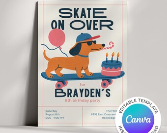 Invitación de cumpleaños de perro patinador / Plantilla de Canva editable para niños o niñas / Nombre y edad personalizados / Invitación a fiesta de patinaje
