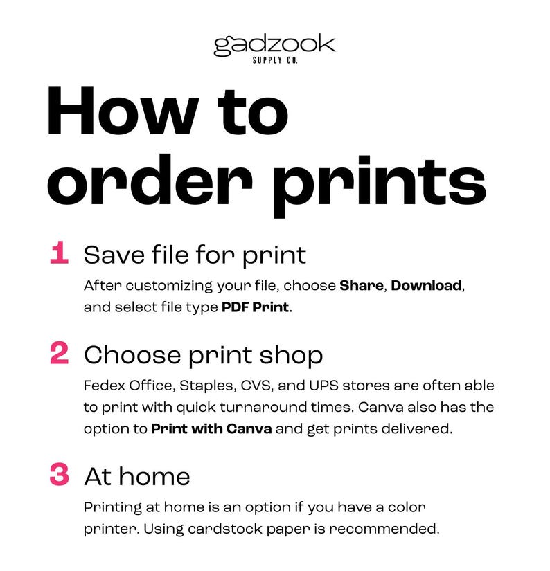 May include: White graphic with the text "How to order prints" in large black letters. Instructions include saving the file as a PDF, choosing a print shop, and printing at home. The brand name "gadzook SUPPLY CO." is at the top.