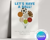 Sports Birthday Invitation | Editable Canva Template (Digital Download) Soccer, Football, Baseball, Basketball Party