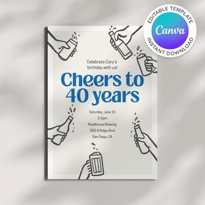 May include: A party invitation with the text "Cheers to 40 years" in blue, surrounded by illustrations of hands holding beer bottles and mugs. The invitation includes the date, time, and location of the event.