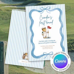 Golf First Birthday Invitation, First Round Birthday Party, teddy bear invite (Canva Template) 5x7 Inch & Instagram Size | Digital download