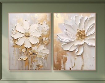 A set of 2 Original Gold Flower Painting on Canvas Custom Framed Creamy Textured Wall Art Abstract Floral Art Living Room Decor Gift For Her