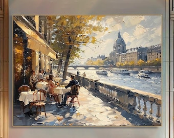 Cafe Street in Paris France,Original Customizable Cityscape Painting, Hand-Painted Textured European Wall Art,Modern Abstract Art Urban Art