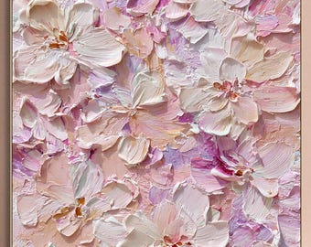 May include: Square canvas art featuring a textured floral design. The artwork showcases a close-up of white, pink, and purple flowers with a thick, layered paint application. The painting is set in a gold frame, creating a modern and elegant aesthetic.