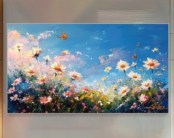 Original 3D Abstract Blue Sky Nature Flower Painting On Canvas Textured Wall Art Blossoms Landscape Wall Art Living Room Spring Home Decor