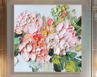 Peinture originale 3D de fleurs sur toile encadrée Nature rose, art mural texturé, art floral abstrait, art mural de salon, cadeau pour elle, oeuvre d'art personnalisée