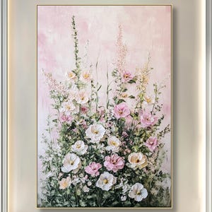 3D Textured Floral Oil Painting Pink Flower Romantic Blush Textured Wall Art Botanical Large Hand-Painted Blooming Garden Art Bedroom Decor