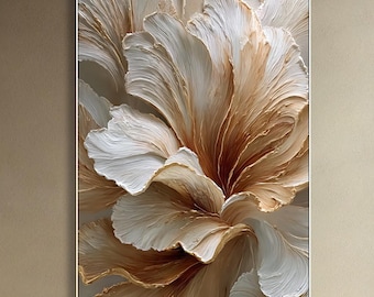 Beige Gold Relief Art Textured Flower Wall Art 3D Floral Oil Painting on Canvas Large Hand Painted Canvas Original Living room Wall Decor