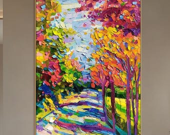 Landscape Painting on Canvas Colorful Textured Wall Art Forest Art Bright Autumn Path Canvas Palette Knife Art Large Living room Wall Decor