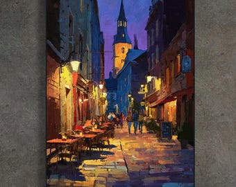 City Night Street Textured Wall Art Oil Painting on Canvas European Café Wall Art Vibrant Urban Landscape Hand-Painted Living room Wall Art