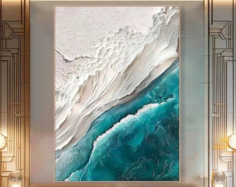 Art mural texturé 3D vague océanique vert abstrait original apaisant vague de mer peinture Art minimaliste art mural bohème salon Art cadeau pour elle