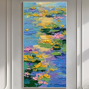 Seerosen-Teich-Ölgemälde 3D strukturiertes Monet inspirierte Blumenwand-Kunst-bunte Wassernaturmalerei impressionistische Landschaftshauptdekor