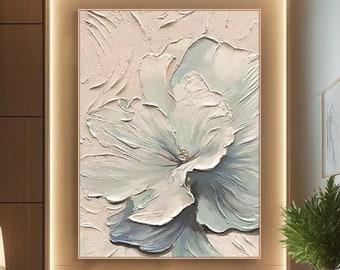 Original 3D Flower Textured Wall Art Abstract Blue&White Color Painting On Canvas Painting Gift For Her Warm Living Room Decor Neutral Art