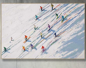 Skiers On Mountain Painting on Canvas Textured Winter Landscape Wall Art Palette Knife Art Impasto Skiing Decor Large Living room Wall Art