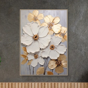3D Original Flower Painting on Canvas Framed Creamy Textured Wall Art ...