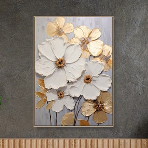 3D Original Flower Painting on Canvas Framed Creamy Textured Wall Art ...