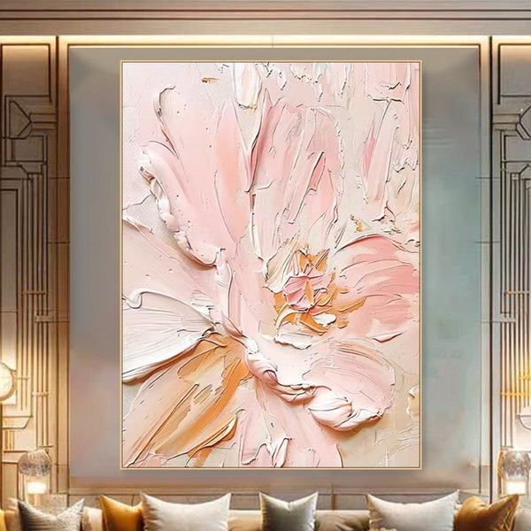 Original 3D Textured Wall Art Abstract Pink&Grey Flower Painting On Canvas Floral Painting Gift For Her Living Room Decor Neutral Wall Art