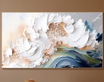 Floral Ocean Oil Knife Painting On Canvas 3D White Flower Wall Art Abstract Coastal Ocean Wave Art Modern Neutral Painting Over Sofa Decor