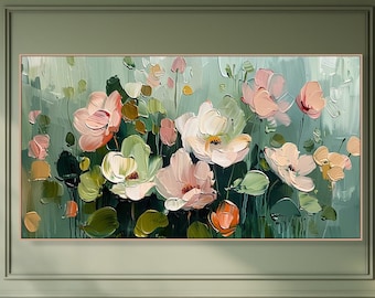 Original Abstrakte Grüne Impasto Blumenmalerei Auf Leinwand 3D Strukturierte Blüten Wandkunst Buntes Dekor Wohnzimmer Weiche Farbe Blumenwandkunst