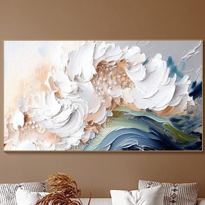 Floral Ocean Oil Knife Painting On Canvas 3D White Flower Wall Art Abstract Coastal Ocean Wave Art Modern Neutral Painting Over Sofa Decor