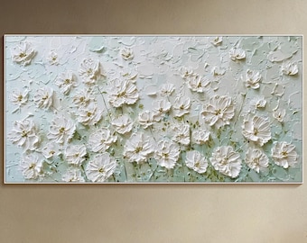 Weiße Blumen Malerei auf Leinwand Strukturierte Wand Kunst Palettenmesser Leinwand Neutral Botanische Wanddekoration Große einzigartige Kunst Wohnzimmer Wanddekoration