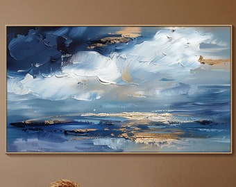 3D Frame Ocean Wave Oil Painting On Canvas Abstract Nature Blue Sea Wave Scenery Textured Wall Art Large Original Wall Art Living Room Decor