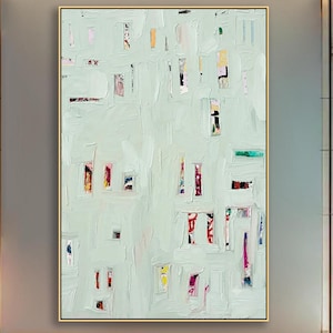 May include: A vertical rectangular canvas painting featuring a thick, textured pale mint green impasto background. Small, scattered rectangular patches of vibrant colours including red, yellow, blue, and black are embedded within the paint.