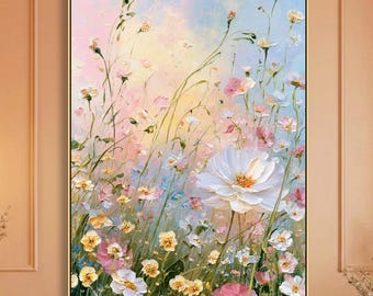 May include: A vertical oil painting on canvas depicting a field of wildflowers in soft pastel tones. The composition features a large white central flower surrounded by smaller pink, yellow, and blue blossoms with thin green stems against a sky.
