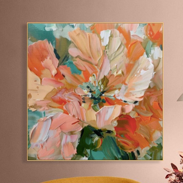 Peinture originale 3D de fleurs sur toile encadrée Nature rose, art mural texturé, art floral abstrait, art mural de salon, cadeau pour elle, oeuvre d'art personnalisée