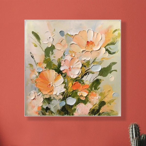 3D Original Flower Painting on Canvas Framed Gold Textured Wall Art Abstract Floral Art Living Room Wall Art Gift For Her Custom Painting