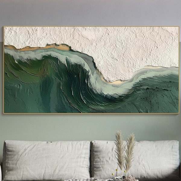 3D Ocean Wave Green Texture Oil Painting Wabi-Sabi Art Abstract Art Living Room Decor Hand-painted Modern Abstract Original Canvas painting