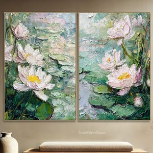 Textured Lotus Pond Oil Painting Colorful Floral Impressionist Canvas Wall Art Palette Knife Water Lily Monet Inspired Painting Large Decor