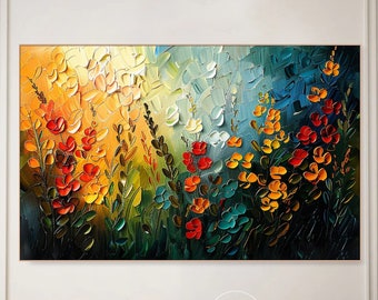 Peinture originale de fleurs sur toile encadrée, art mural texturé coloré, art floral abstrait, art mural de salon, cadeau pour elle, peinture personnalisée