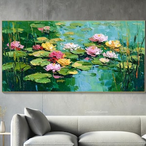 3D Seerose Teich Ölgemälde Auf Leinwand Lotus Blume Strukturierte Wand Kunst Monet Stil Garten Wand Kunst Impressionistische Szene Gemälde Wohnkultur