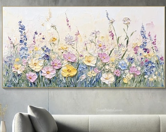 3D Strukturierte Blumenwand Kunst Neutral Wildblumen Gemälde auf Leinwand Weiße Handgemachte Pastellblumen Wandkunst, Modernes Cottagecore Dekor