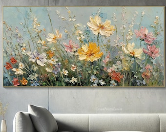 Wildflower Field Painting on Canvas Textured Wall Art Colorful Hand Painted Floral Meadow Canvas  Romantic Art Large Living room Wall Decor