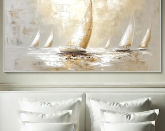 May include: An abstract oil painting of sailboats on the water in neutral tones. The artwork features several sailboats with white sails and a textured, blurred background in shades of beige and white. The painting is framed in a silver frame.