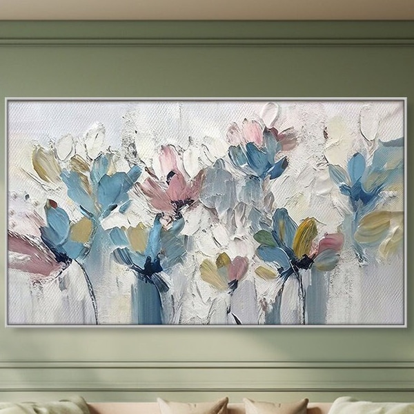 Peinture abstraite originale de fleurs sur toile, art mural texturé 3D, décoration murale de salon, art mural de fleurs texturées, couleurs douces, décoration printanière