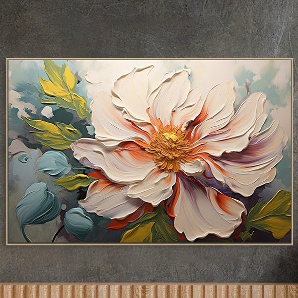 Original Abstract Flower Painting On Canvas 3D Textured Wall Art Wall Decor Living Room Soft Color Textured Flower Wall Art Spring Decor