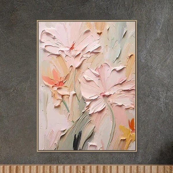 Pintura de flores original en 3D sobre lienzo Arte de pared con textura cremosa Arte floral abstracto rosa Sala de estar Arte de pared Regalo para su arte de pared enmarcado